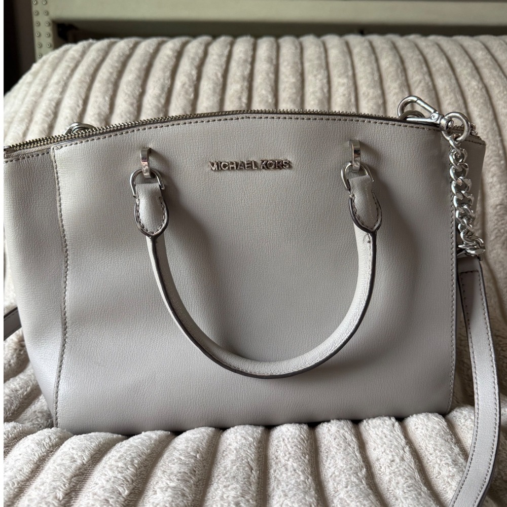 Michael Kors Grey Leather Satchel Crossbody Bag Silver Hardware Multi Pocket